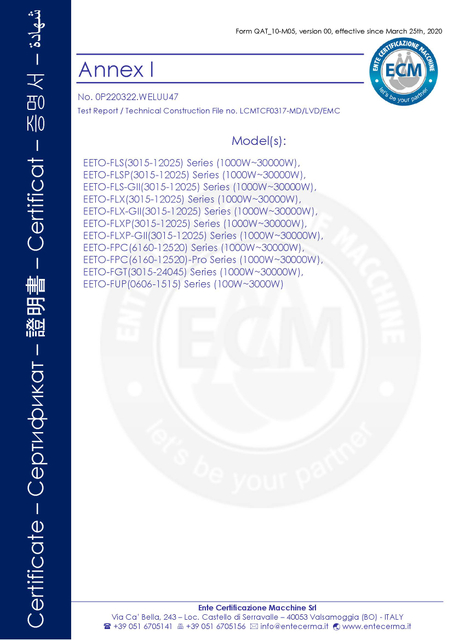 EETO Fiber Laser Cutting Machine CE Certificate 2