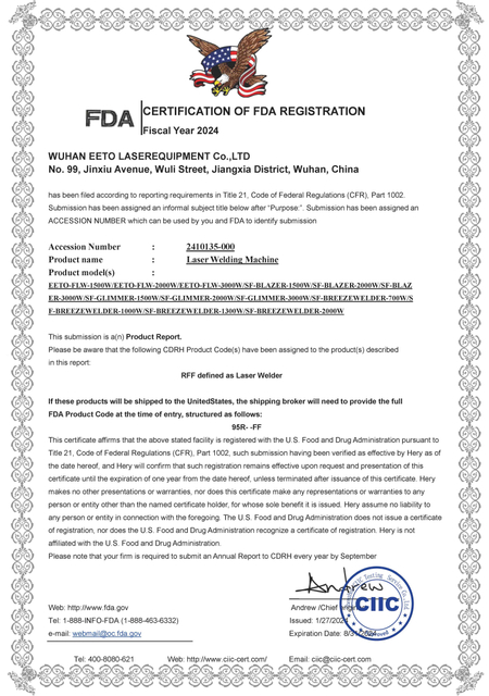 EETO Laser Welding Machine FDA Certificate